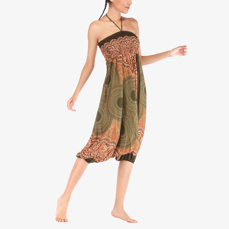 Buddha Stones Two Style Wear Round Geometric Pattern Loose Smocked Harem Trousers Jumpsuit High Waist Women's Yoga Pants Harem Pants&Bodysuit BS 44