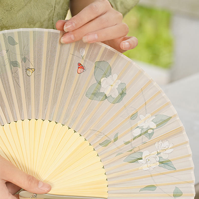 Buddha Stones Jasmine Flowers Handheld Bamboo Folding Fan Folding Fan BS 3