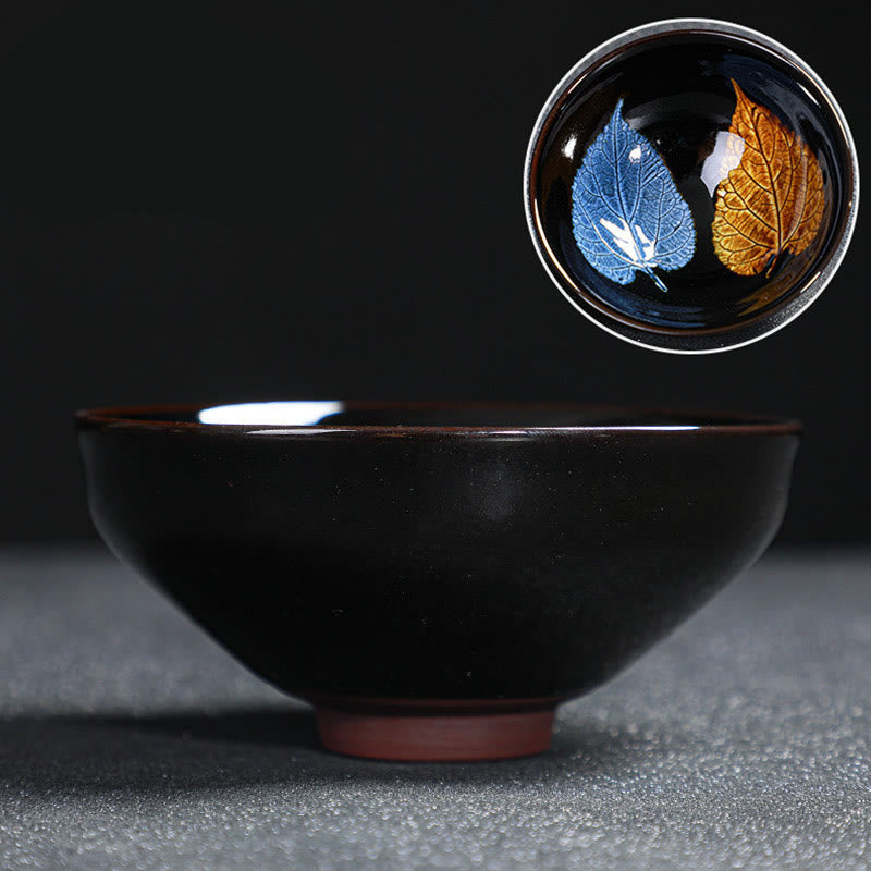 Buddha Stones Gold Maple Leaf Chinese Jianzhan Ceramic Teacup Tenmoku Kung Fu Tea Cup Bowl Jian Zhan Tea Cup BS 17
