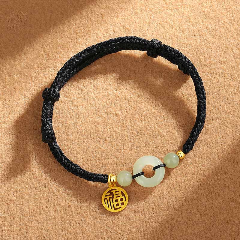 Buddha Stones 925 Sterling Silver Hetian Jade Peace Buckle Fu Character Charm Abundance Bracelet Bracelet BS Black Rope(Wrist Circumference 14-16cm)