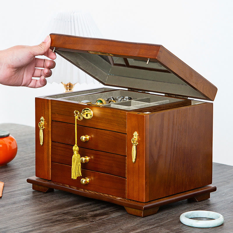 Buddha Stones Vintage Large Capacity Wooden Jewelry Box Jewelry Storage Box With Mirror Jewelry Box BS Four Layers With Lock 29*19*19.5cm