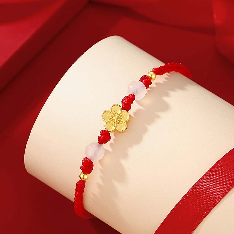 Buddha Stones Handmade 925 Sterling Silver Peach Blossom Cherry Sakura Chalcedony Bead Luck Red Rope Bracelet Bracelet BS 3