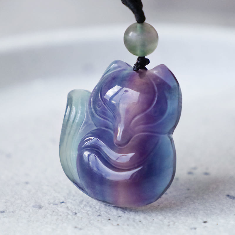 Buddha Stones Natural Fluorite Gold Sheen Obsidian Fox Pendant Protection Necklace Necklaces & Pendants BS 16