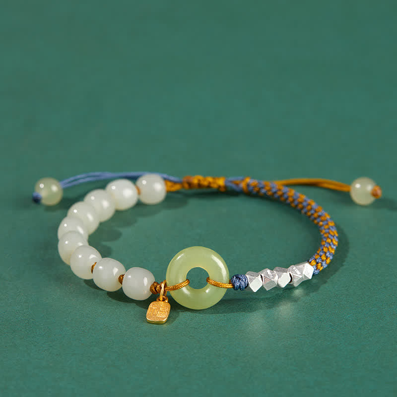 Buddha Stones 925 Sterling Silver Hetian Jade Peace Buckle Beaded Luck Happiness Charm Bracelet Bracelet BS Brown