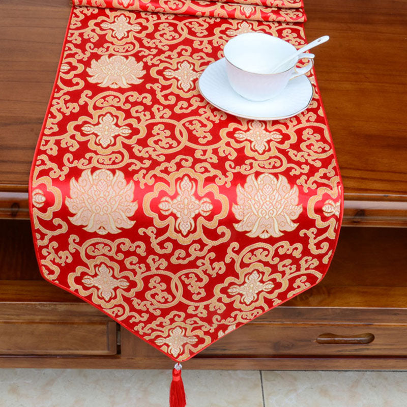 Buddha Stones Prayer Altar Flower Vajra Dragon Pattern Tibetan Auspicious Symbols Tassels Jacquard Table Runner Prayer Altar BS 1