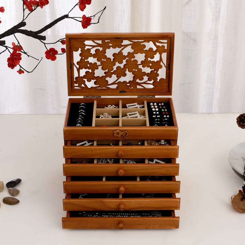 Buddha Stones Vintage Plum Blossom Carved Wooden Jewelry Box Six-Layer Jewelry Storage Box Jewelry Box BS Cherry Wood Color 30.6*20.6*24.7cm