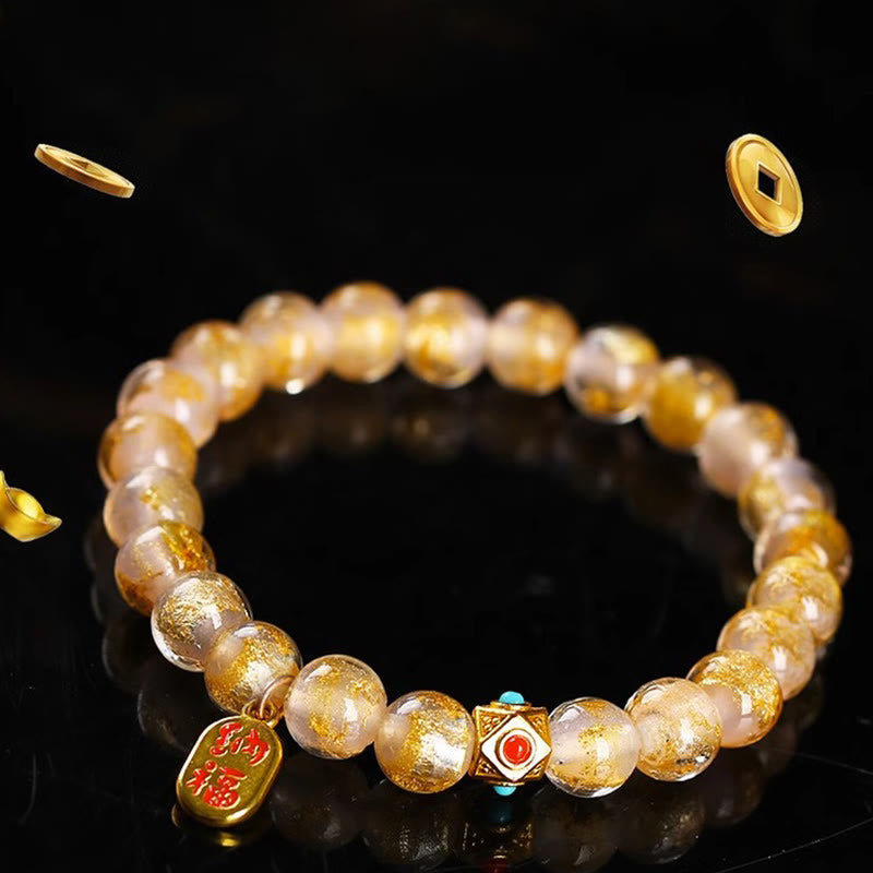 Buddha Stones Tibetan Incense Ash Liuli Glass Bead Lucky Fortune Fu Character Charm Bracelet Bracelet BS 7