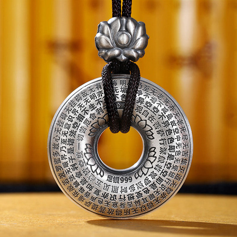 Pendentif de collier Foviel en argent sterling 999 avec motif de boucle de paix lotus et soutra du cœur