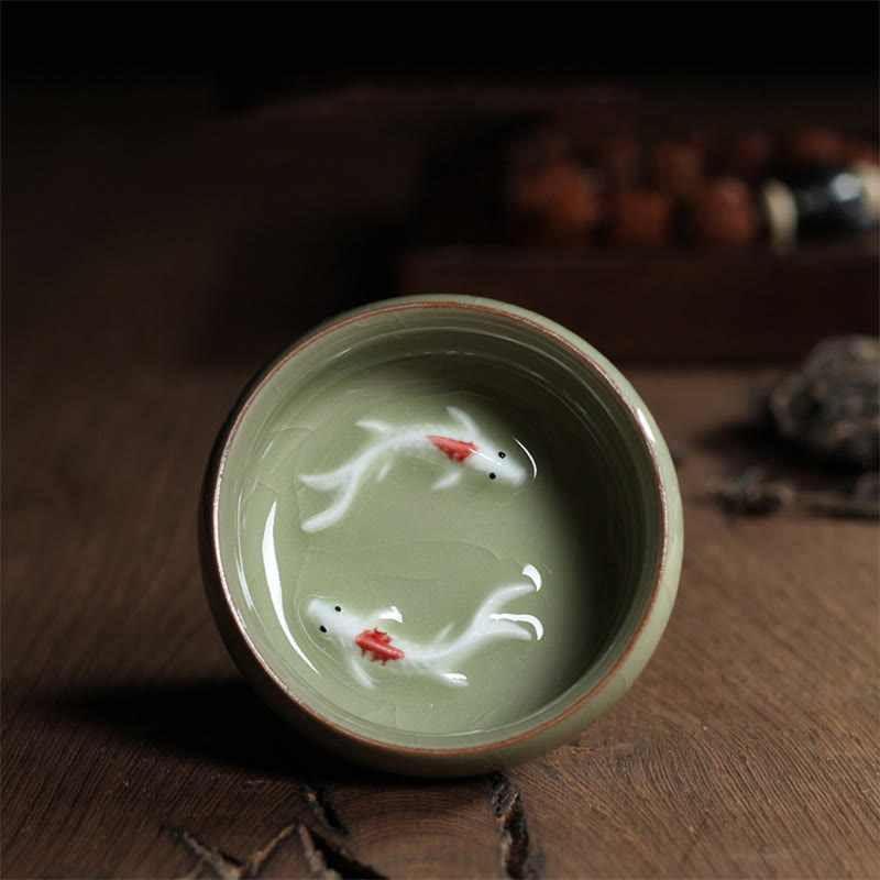 Buddha Stones Colorful Koi Fish Ceramic Teacup Kung Fu Tea Cup Bowl Cup BS Beige Koi Fish 6.8cm*3.4cm*55ml