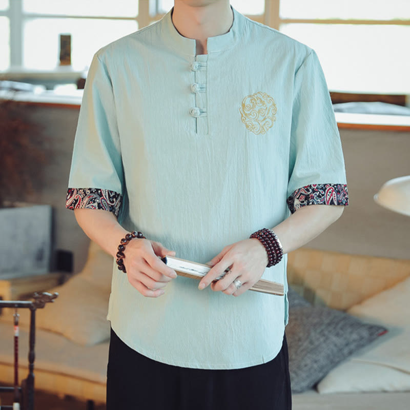 Buddha Stones Frog-Button Dragon Embroidery Chinese Tang Suit Short Sleeve Shirt Linen Men Clothing Men's Shirts BS 14
