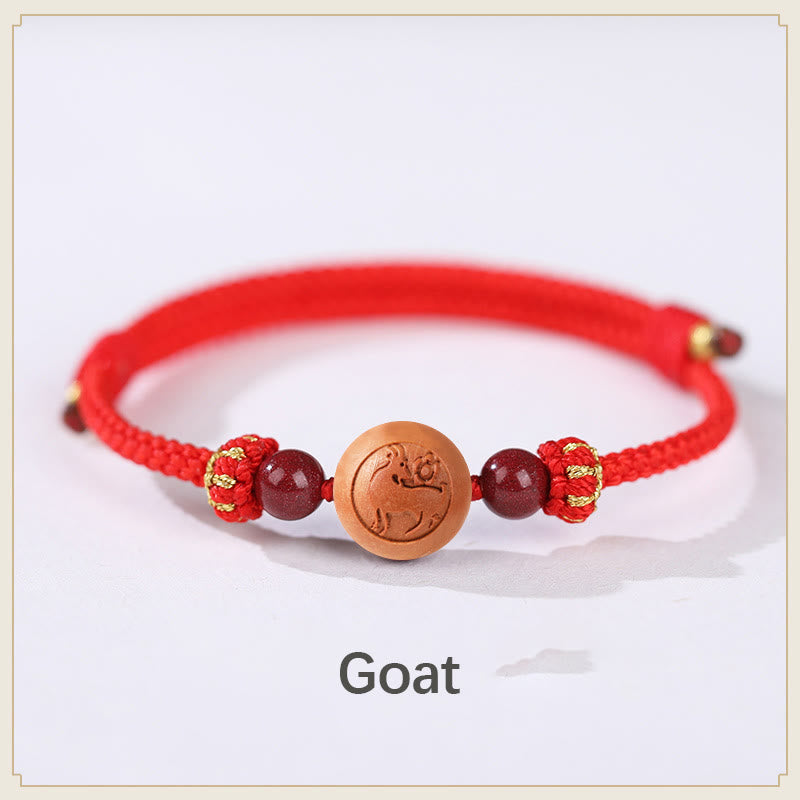 Buddha Stones Natural Peach Wood Chinese Zodiac Fu Character Carved Cinnabar Wealth Bracelet Bracelet BS Goat-Red(Wrist Circumference 14-22cm)