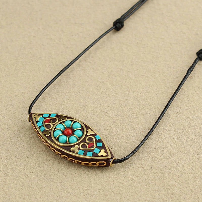 Buddha Stones Tibet Turquoise Bead Marquise Pattern Protection Strength Necklace Pendant Necklaces & Pendants BS 4