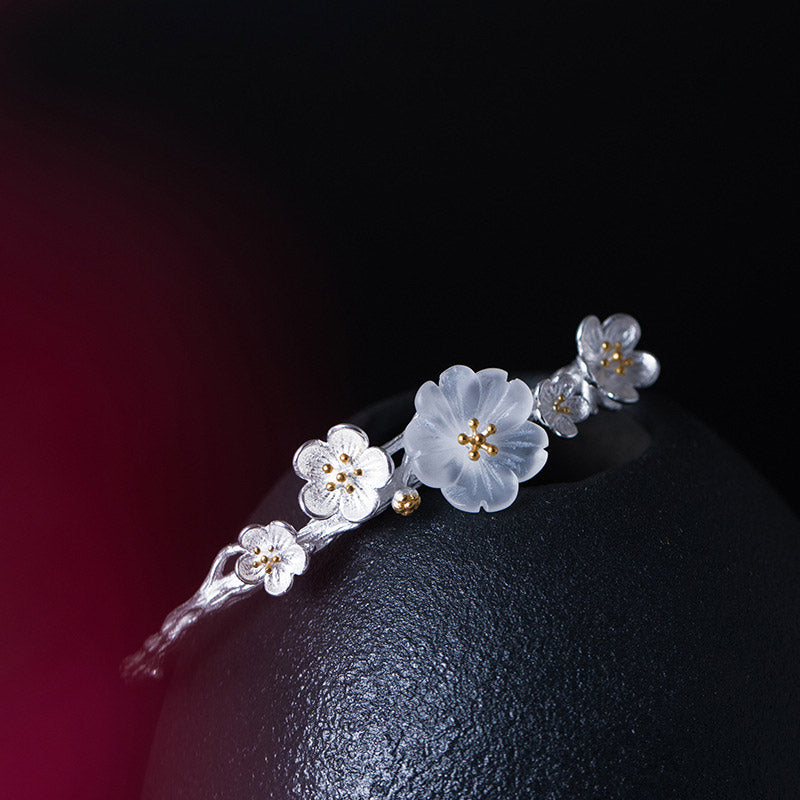 Buddha Stones 925 Sterling Silver Plum Flower Blessing Bracelet Adjustable Bangle Bracelet BS 3