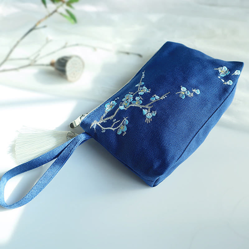 Buddha Stones Small Flower Plum Cherry Crane Peach Blossom Embroidery Canvas Wallet Shopping Purse Purse BS Blue Plum 21*13cm