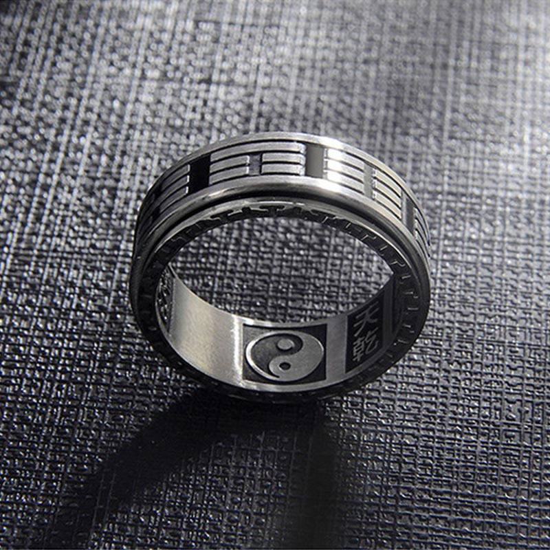 Buddha Stones Bagua Yin Yang Titanium Steel Balance Rotatable Ring Ring BS 12