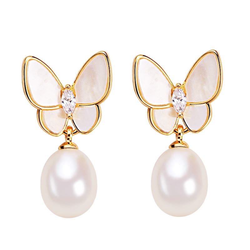 Buddha Stones 925 Sterling Silver Posts 18K Gold Plated Copper Pearl Butterfly Optimism Stud Earrings 9