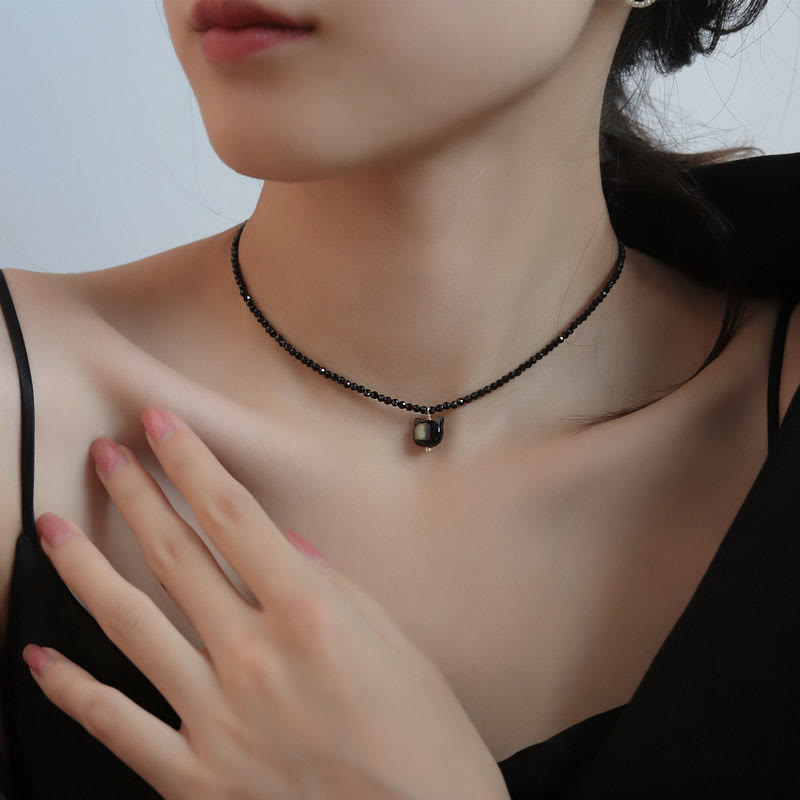 Buddha Stones Black Spinel Cute Cat Motivate Choker Necklace Bracelet Necklaces & Pendants BS 3