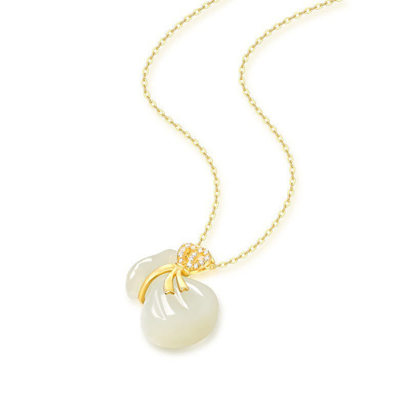 Buddha Stones Natural Hetian White Jade Luck Money Bag Necklace Pendant Necklaces & Pendants BS 3