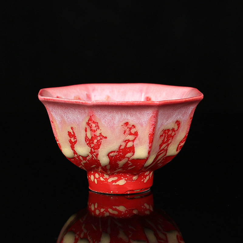 Buddha Stones Retro Blue Red Gradient Lotus Pattern Kiln Change Ceramic Teacup Kung Fu Tea Cup Bowl Cup BS Red 9cm*5.5cm*120ml