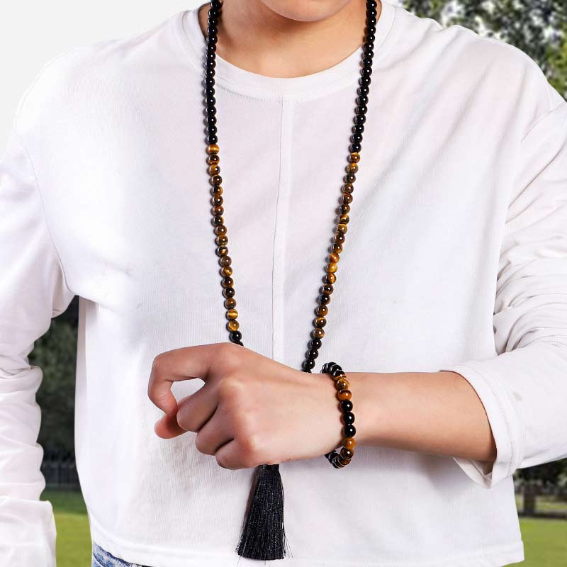 Buddha Stones Tibetan Black Onyx Tiger Eye Protection Necklace Mala Set Mala Bracelet BS 8