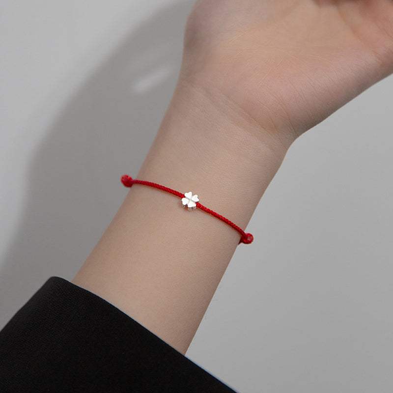 Buddha Stones 925 Sterling Silver Four Leaf Clover Red Rope Bracelet Bracelet BS 5