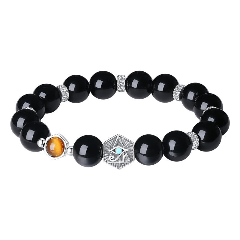 Foviel 925 Sterling Silver Black Obsidian Tiger Eye Eye of Providence Purification Bracelet