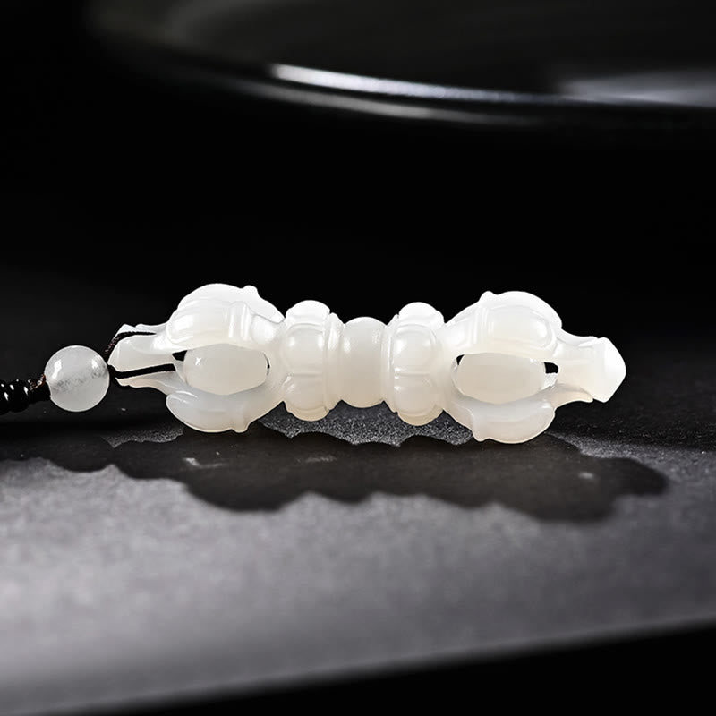 Buddha Stones Tibetan Natural Hetian Cyan Jade White Jade Dorje Vajra Engraved Success Necklace Pendant Necklaces & Pendants BS 13