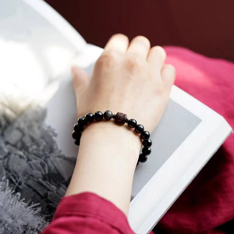 Buddha Stones Natural Gold Sheen Obsidian Rainbow Obsidian Om Mani Padme Hum Fu Character Healing Bracelet Bracelet BS 33