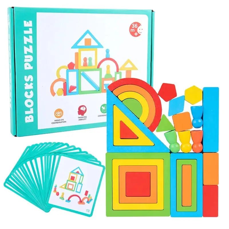 Bloques Rompecabezas – Mejora el Pensamiento Geométrico, Set de Bloques Apilables de Madera con Formas Diferentes para Jugar en Casa