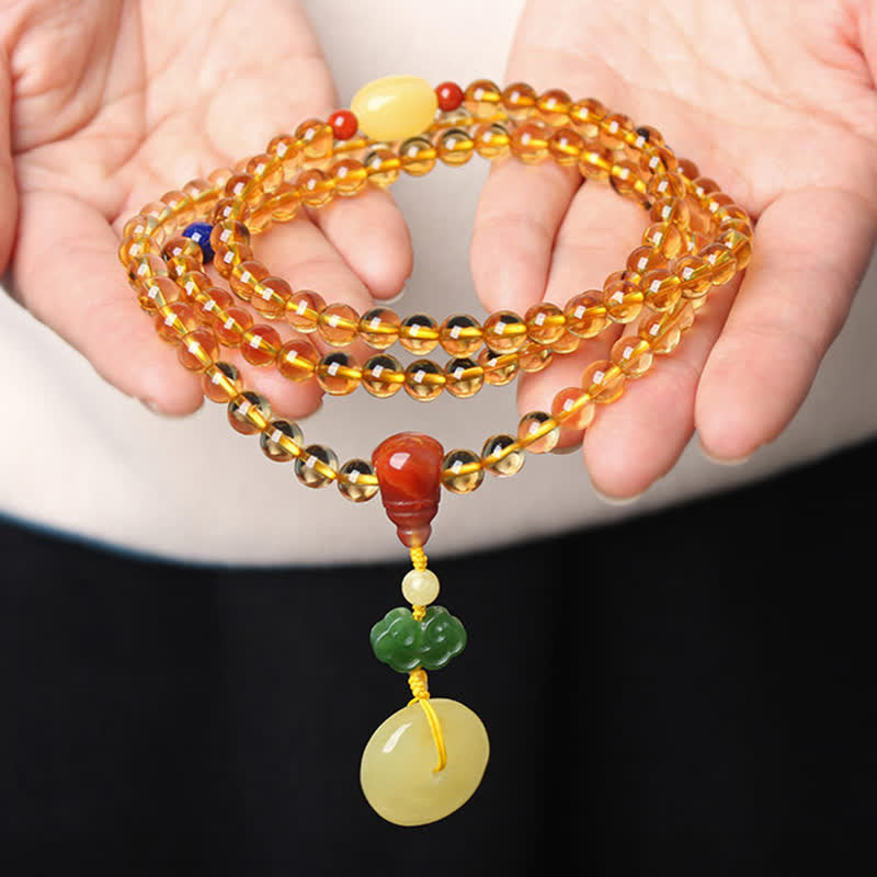 108 Mala Beads Natural Citrine Amber Peace Buckle Red Agate PiXiu Protection Charm Bracelet Mala Bracelet BS 4