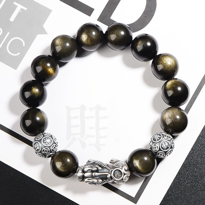 Foviel 925 Sterling Silver Natural Gold Sheen Obsidian PiXiu Wealth Protection Bracelet