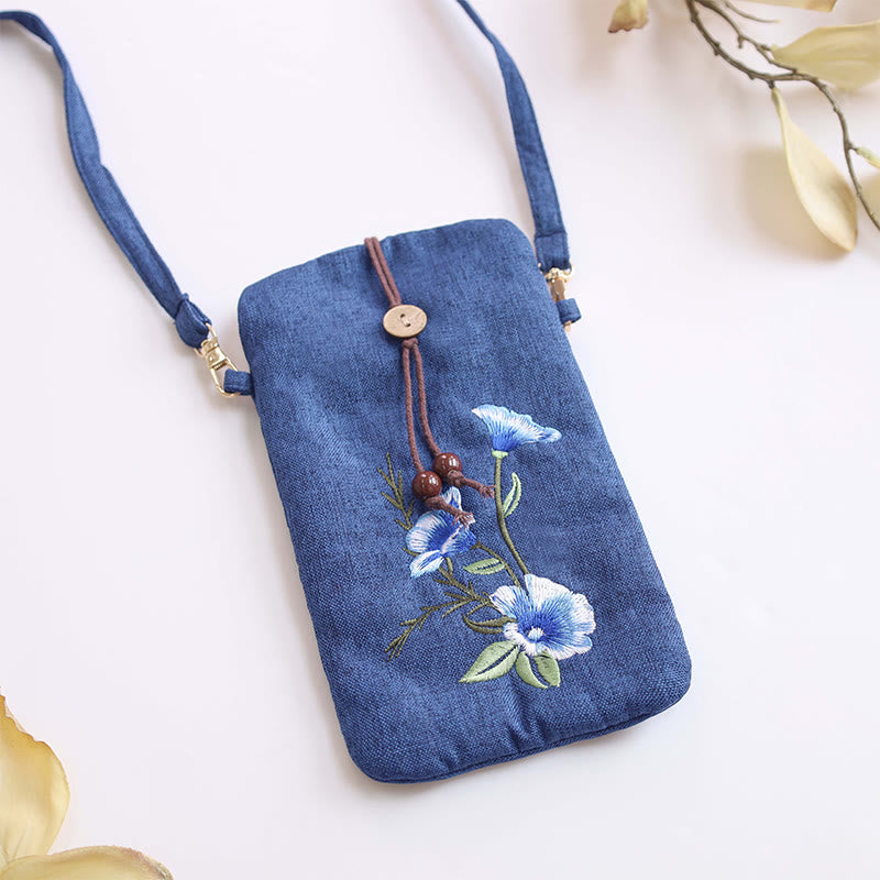 Buddha Stones Small Embroidered Flowers Crossbody Bag Shoulder Bag Cellphone Bag 11*20cm Crossbody Bag BS 4