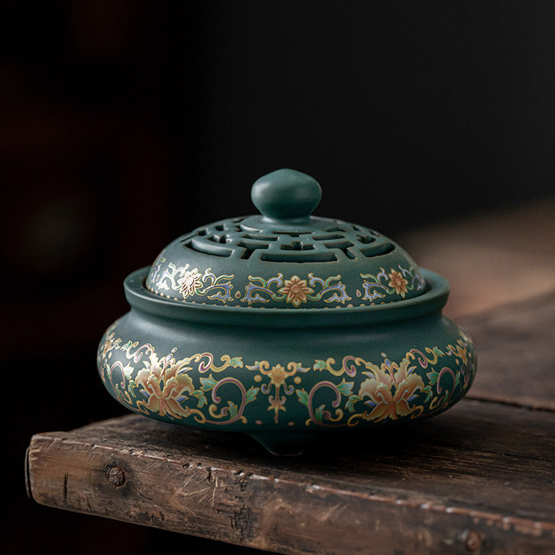Buddha Stones Dragon Floral Pattern Backflow Smoke Fountain Ceramic Meditation Incense Burner Decoration Decorations Incense Burner BS Green Floral