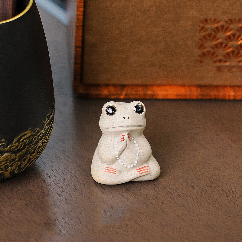 Buddha Stones Mini Small Praying Frog Ceramic Wealth Prosperity Home Tea Pet Figurine Decoration Decorations BS Praying Little Frog 4*3.5*4.8cm
