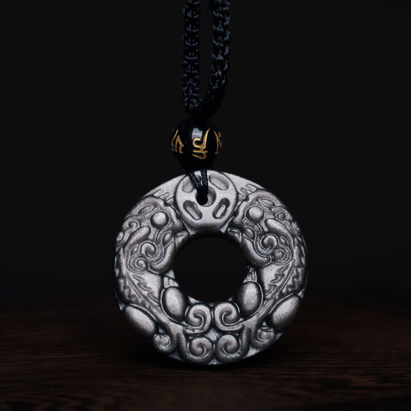 Buddha Stones Natural Silver Sheen Obsidian Double PiXiu Copper Coin Peace Buckle Protection Necklace Pendant Necklaces & Pendants BS 6