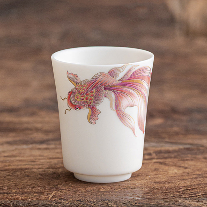 Buddha Stones Koi Fish White Porcelain Ceramic Teacup Kung Fu Tea Cup Cup BS Red Koi Fish 5.2cm*6.3cm*65ml