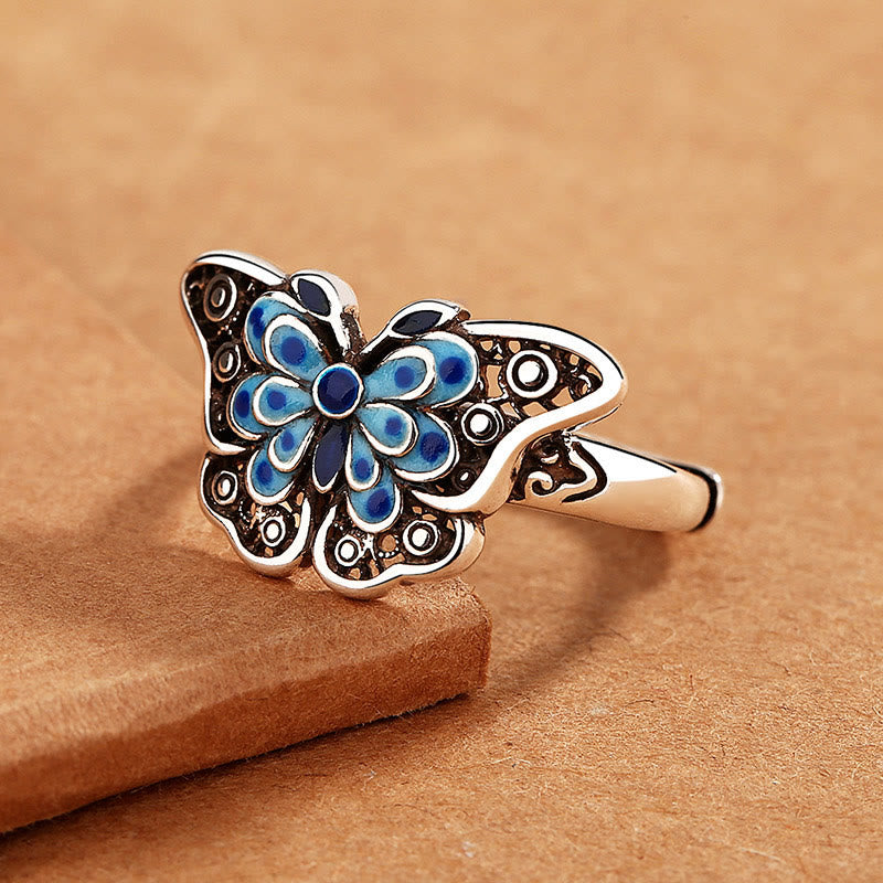 Buddha Stones Hollow Enamel Blue Butterfly Pattern Love Ring Ring BS 2