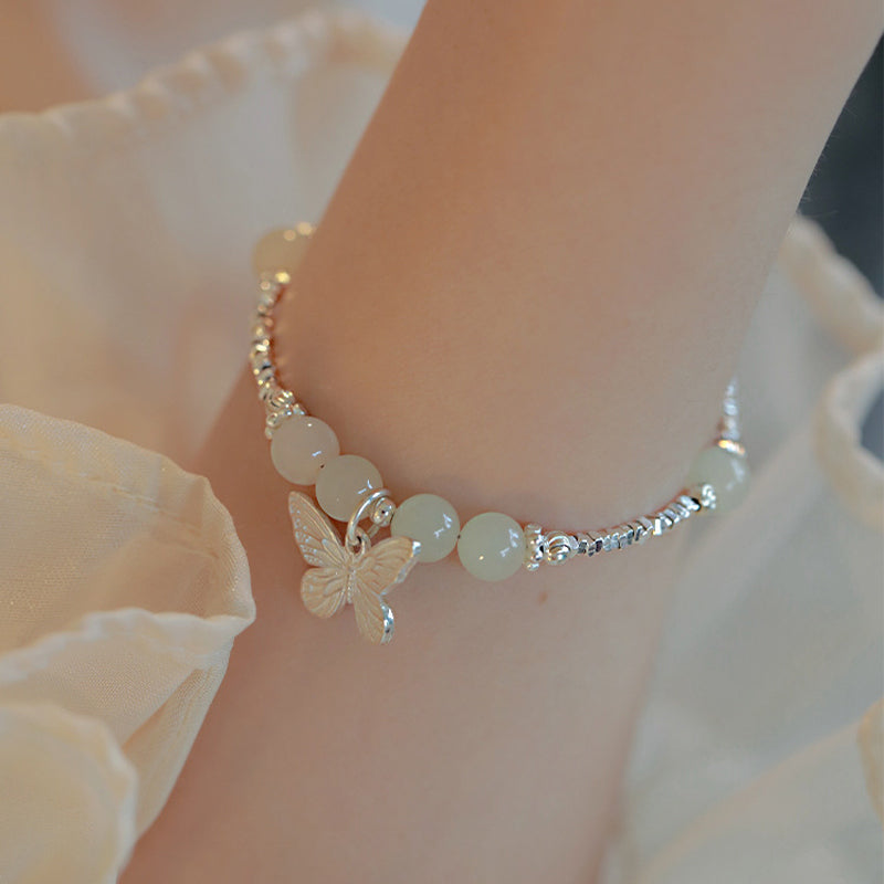 Buddha Stones 925 Sterling Silver Natural Hetian Jade Luck Butterfly Charm Bracelet Bracelet BS 7