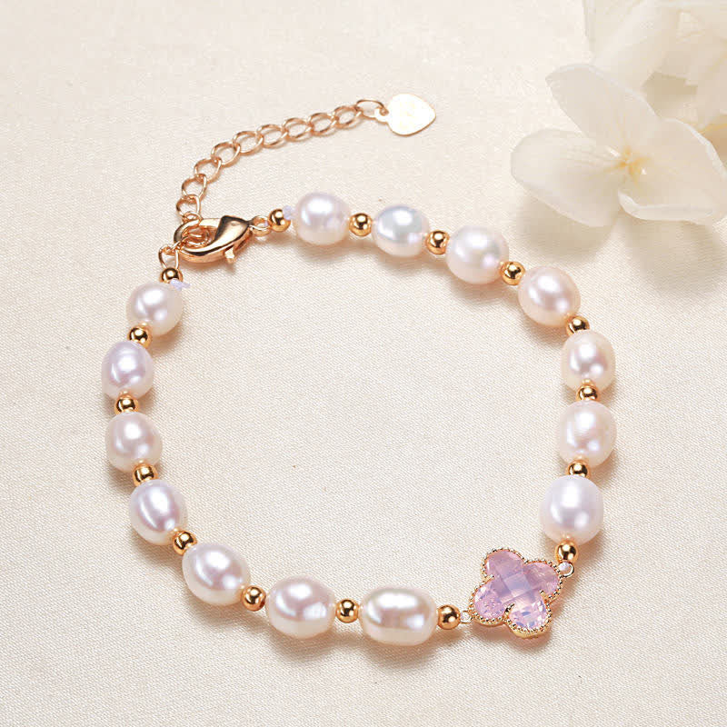 Buddha Stones Pearl Four Leaf Clover Wealth Chain Bracelet Bracelet BS Pink Four Leaf Clover