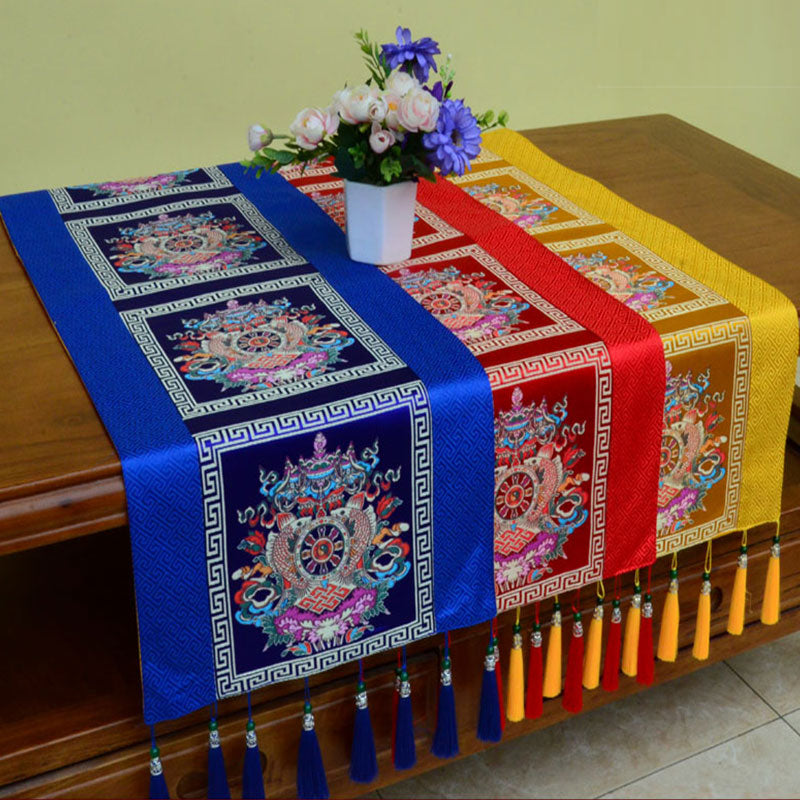 Buddha Stones Prayer Altar Mat Man-Bcu Kalachakra Endless Knot Vajra Tibetan Auspicious Symbols Tassels Table Runner Prayer Altar BS 2