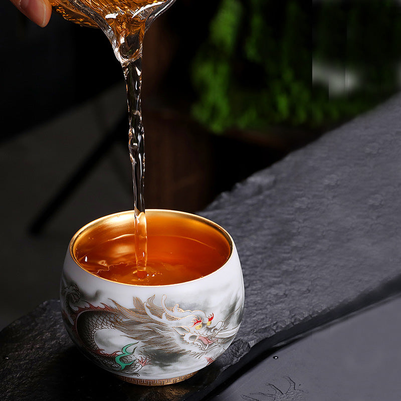 Buddha Stones Dragon Gilt Gourd Ceramic White Porcelain Teacup Kung Fu Tea Cup 160ml Cup BS 5