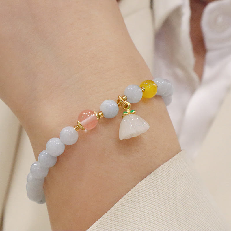 Buddha Stones Natural Aquamarine Chalcedony Serenity Rabbit Gourd Cat Charm Bracelet Bracelet BS Aquamarine Chalcedony Lotus Pod
