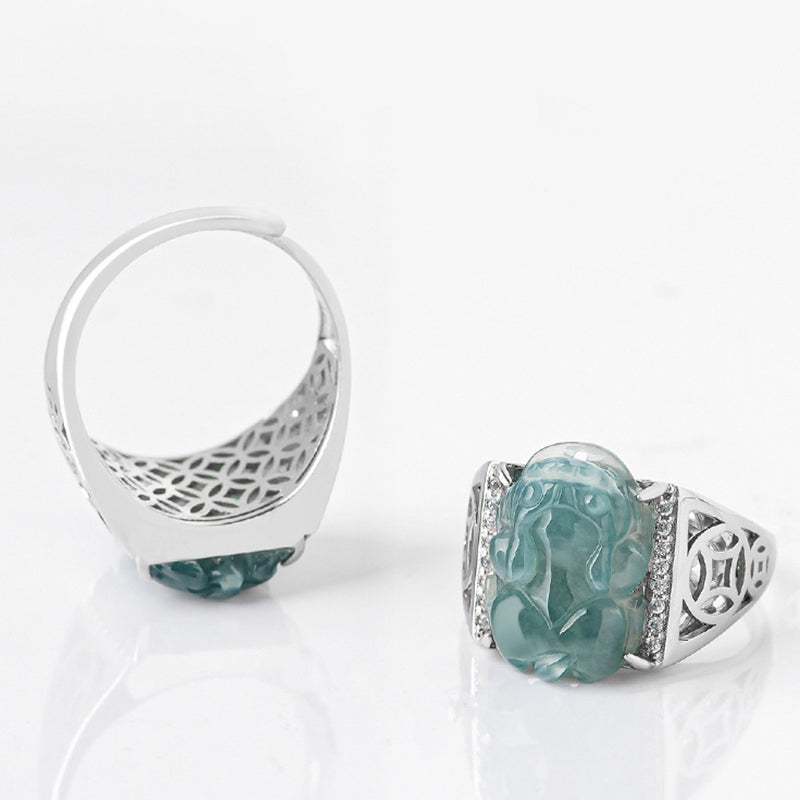 Buddha Stones 925 Sterling Silver Fengshui Wealth Prosperity Jade PiXiu Luck Ring Ring BS 9