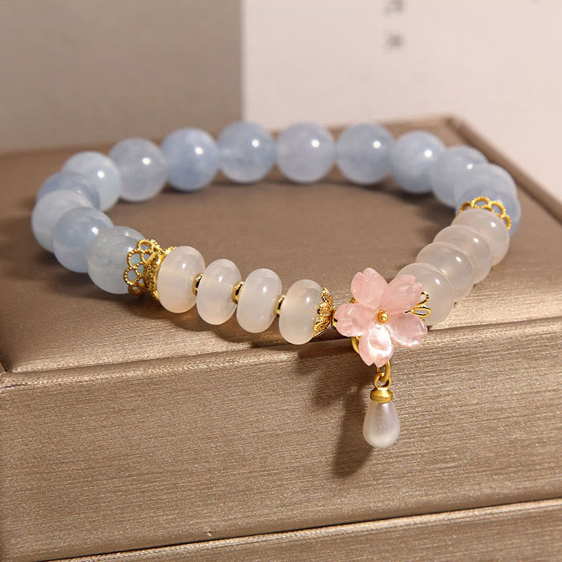 Buddha Stones Aquamarine White Agate Pearl Abacus Beads Flower Healing Bracelet Bracelet BS 2