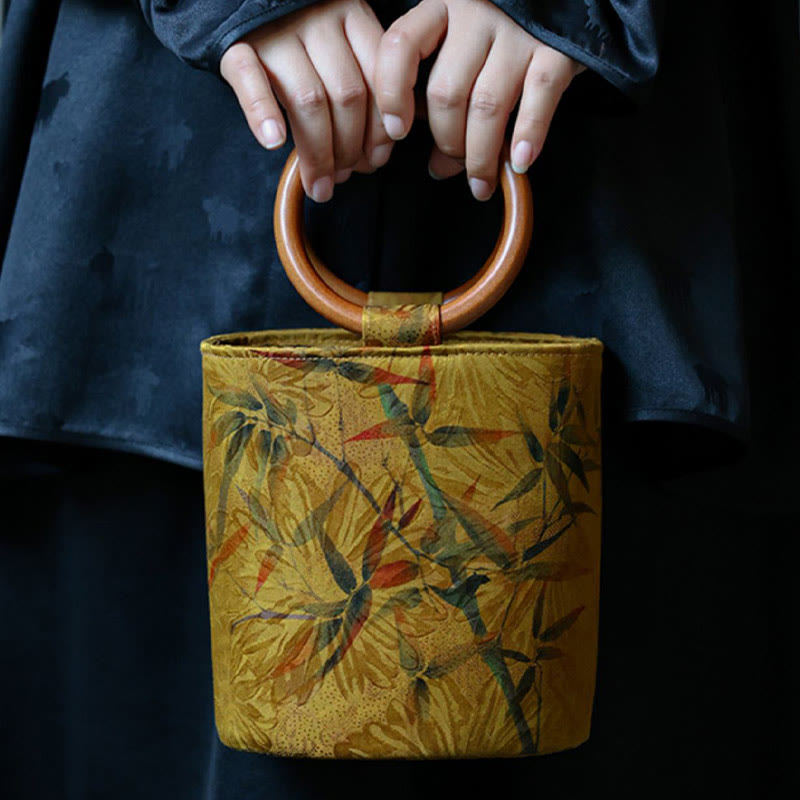 Buddha Stones Bamboo Leaf Butterfly Cherry Blossom Persimmon Wood Handle Handbag Handbags BS 5