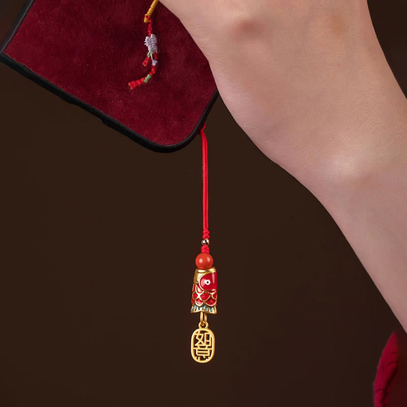 Buddha Stones Koi Fish Cinnabar Attracting Wealth Wish Ruyi Charm Luck Phone Hanging Decoration Phone Hanging Decoration BS 19