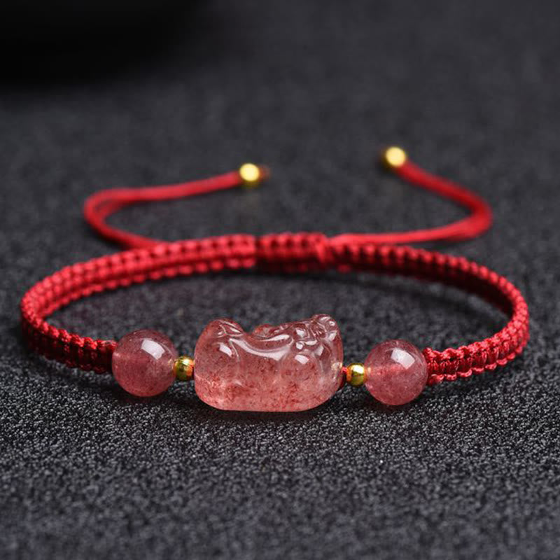 Buddha Stones Natural Strawberry Quartz PiXiu Lucky Red String Bracelet Bracelet BS 5