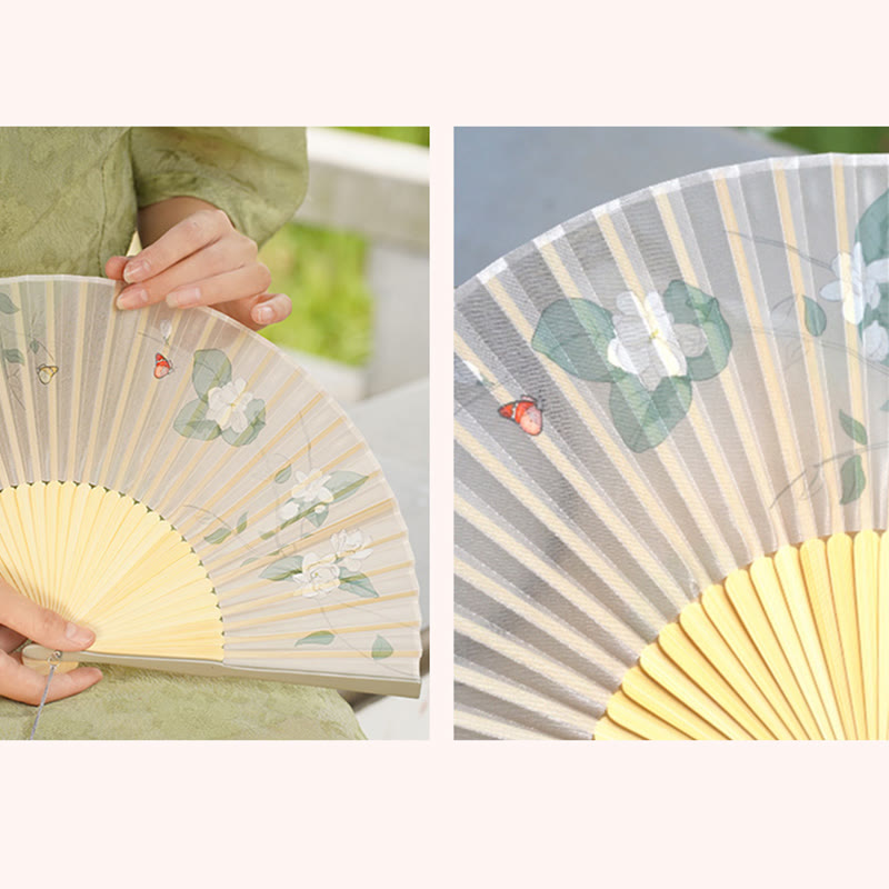 Buddha Stones Jasmine Flowers Handheld Bamboo Folding Fan Folding Fan BS 6