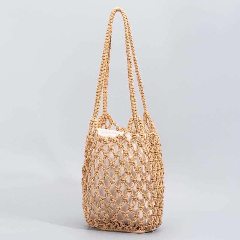 Buddha Stones Hand-woven Cotton Thread Shoulder Bag Handbags Shoulder Bag&Handbags BS Yellow 23*15*27cm