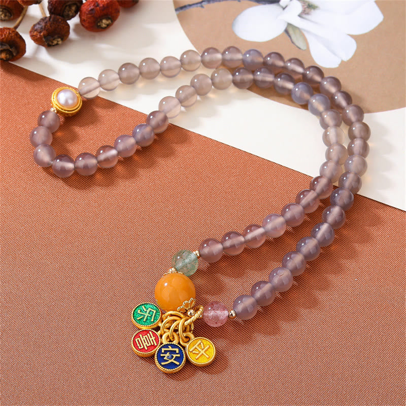 Buddha Stones Natural Gray Agate Peace And Joy Charm Balance Double Wrap Bracelet Bracelet BS 4